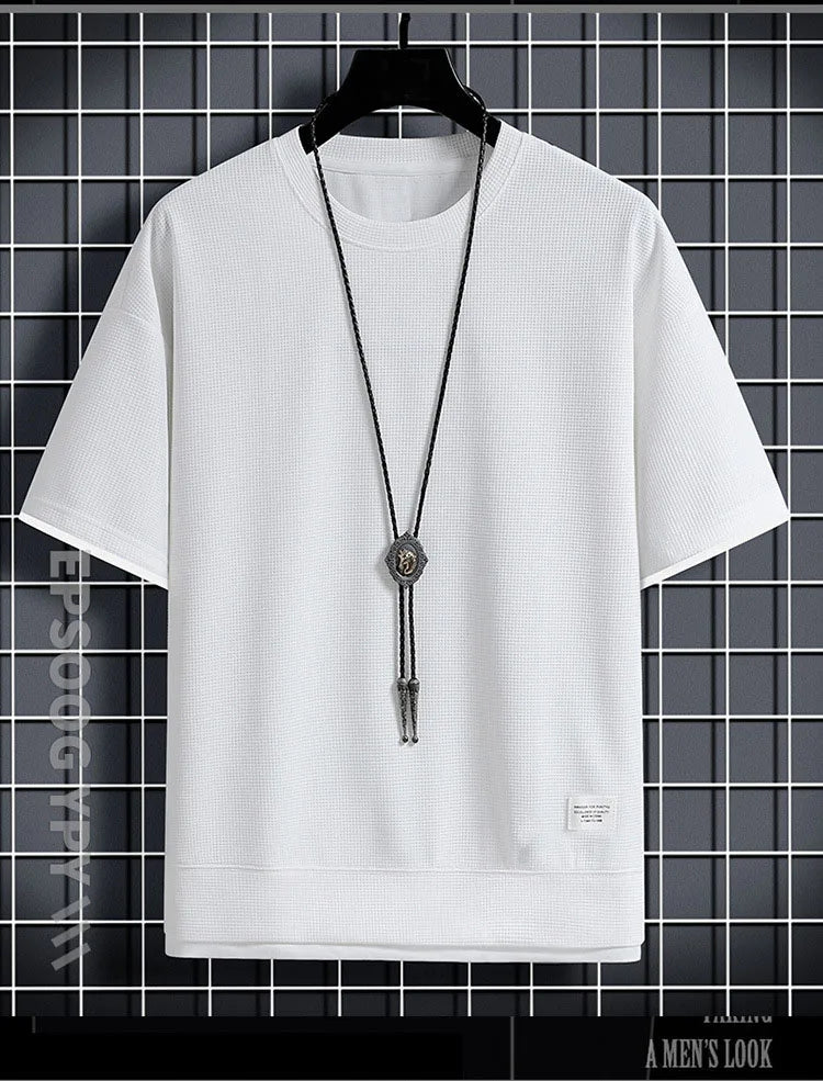 1pcs Men Summer T-Shirt Man Short Sleeved Waffle Solid T-Shirt Male Solid Color Casual Tee Round Men's Round Neck Fashion Top