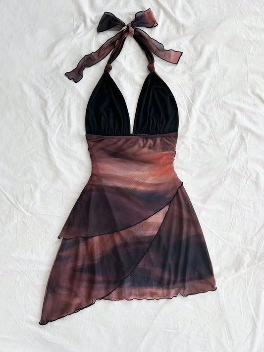 2025 Europe and the United States Fashion Gauze Printed Neck Sleeveless Sexy Tight Deep V Short Sexy Pure Backless Dress