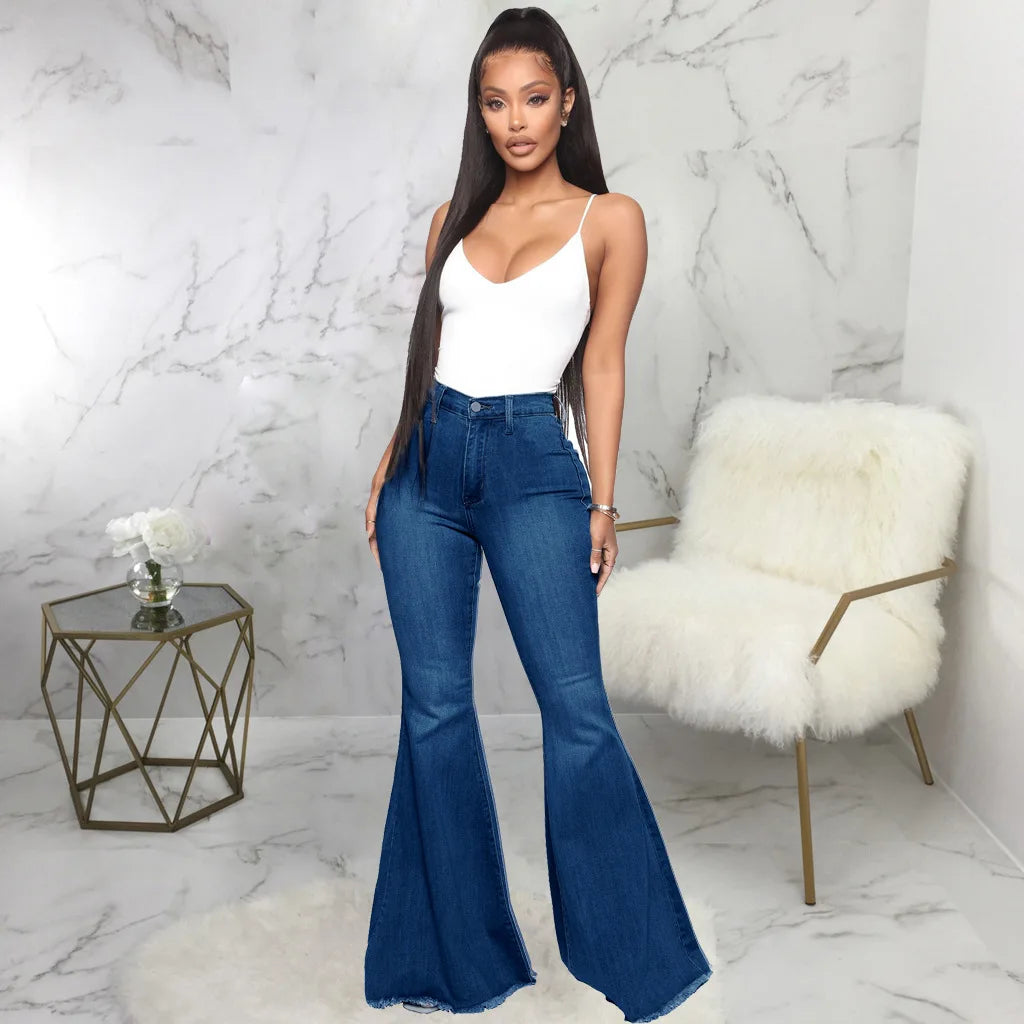 Women Jeans Flare Pants Sexy Denim Long Pant Hip Wrap Casual Solid Elegant Splice Regular Slim Fit High Waist Trousers Summer