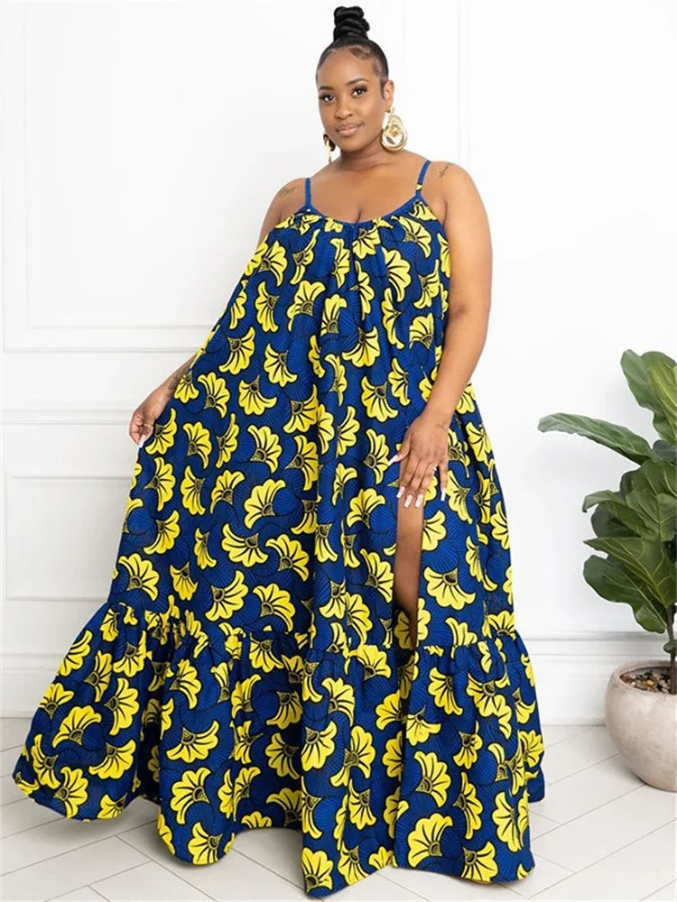 Wmstar Plus Size Dresses for Women Floral Printed Slip Loose Stretch Big Swing Maxi Dress Summer Clothes Wholesale Dropshipping