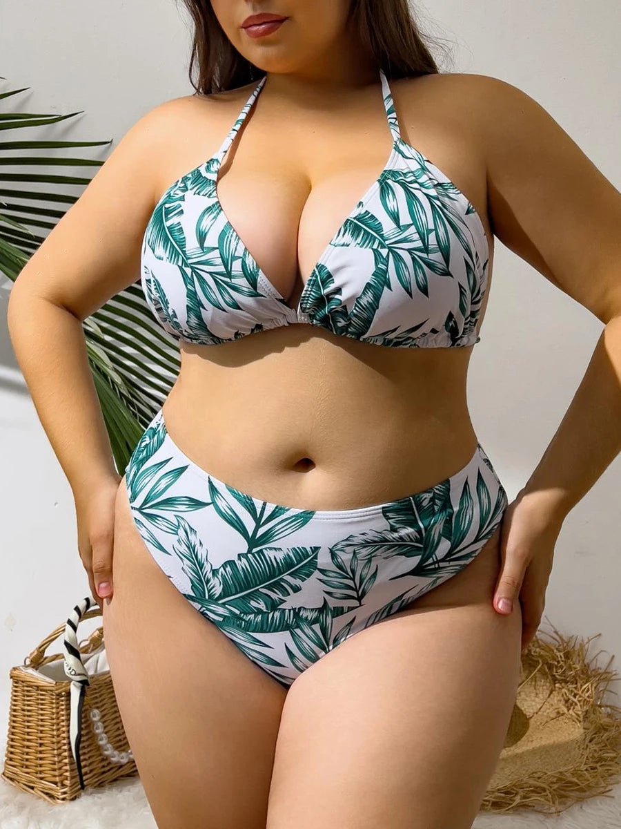 2025 Print Cross V Neck Large Size Halter Bikini 3 Piece Swimsuit Women Swimwear Female Bathing Swimming Swim Suit Beach Bathers