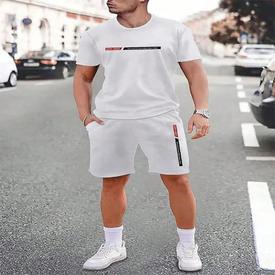 2025 urban street fashion trend men's round neck short sleeved set, outdoor simple round neck top, casual and comfortable shorts