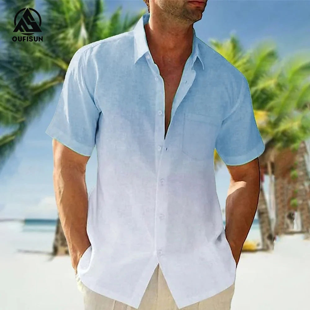 2024 Casual Men's Shirts Summer Clothing Gradient Graphics Apparel Vacation Seaside Oversized Short Sleeve Tops For Male