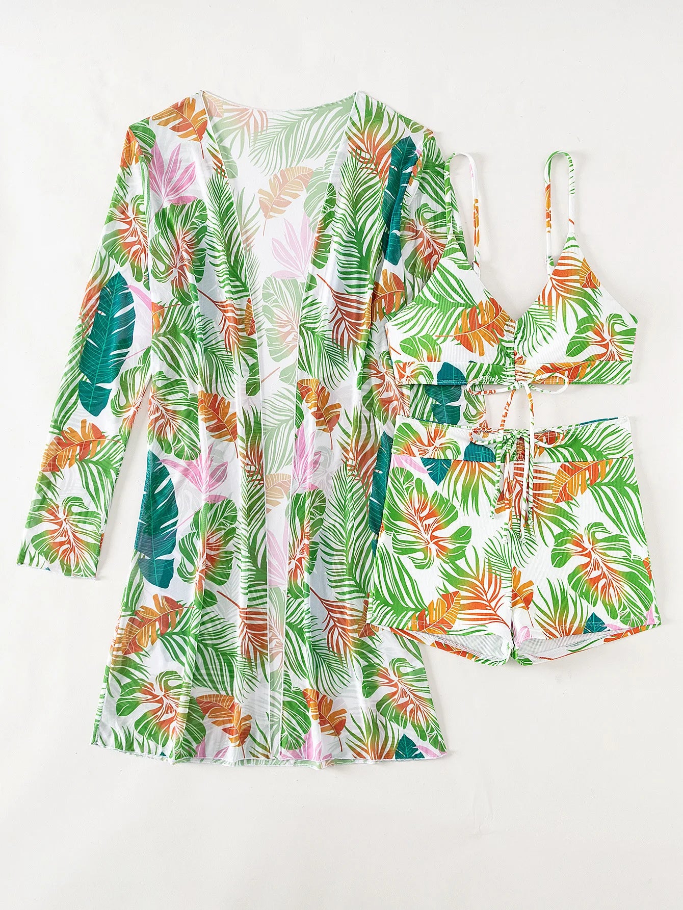 2025 New Women 3 Pieces Swimsuit Leaf Pattern Bikini Set+Long Sleeve Cover Up Tankini Beachwear Drawstring Swimwear Bathing Suit