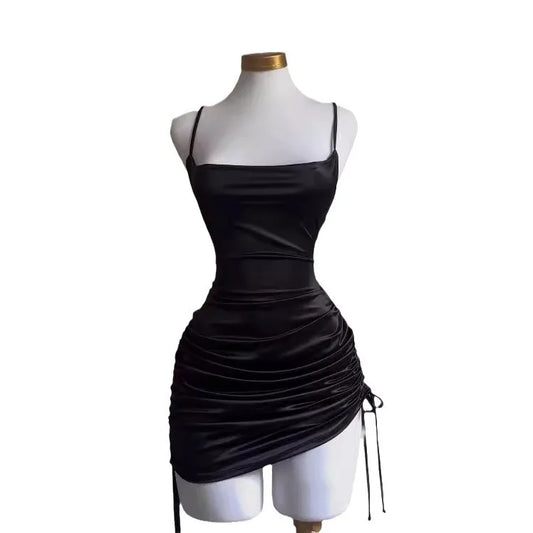 2024 Spring Summer New Spaghetti Strap Dresses Women Sexy Backless Leace-up Drawstring Package Hip Slim Dress Hot Girl Vestidos