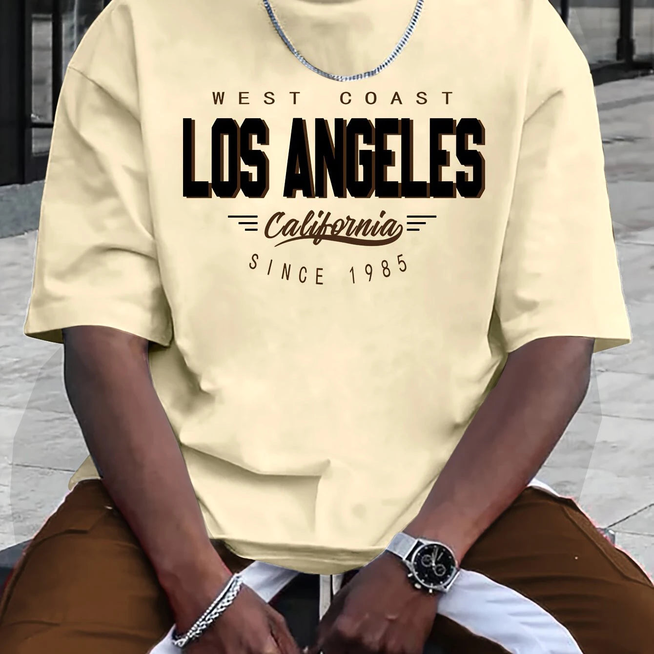 Summer men's 100% cotton comfortable casual loose plus size LOS ANGELES printed sports round neck short sleeved T-shirt top