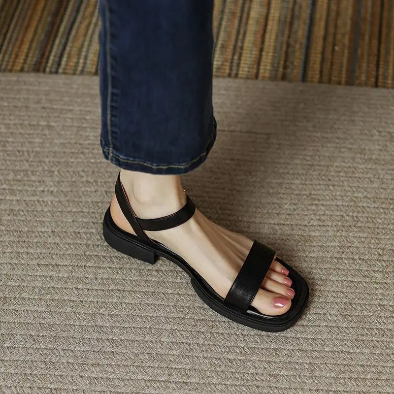 2025 Summer Women Sandals Low Heels Basic Genuine Leather Office Plus Size 35-42 Ladies Casual Outdoor Concise Woman Shoes