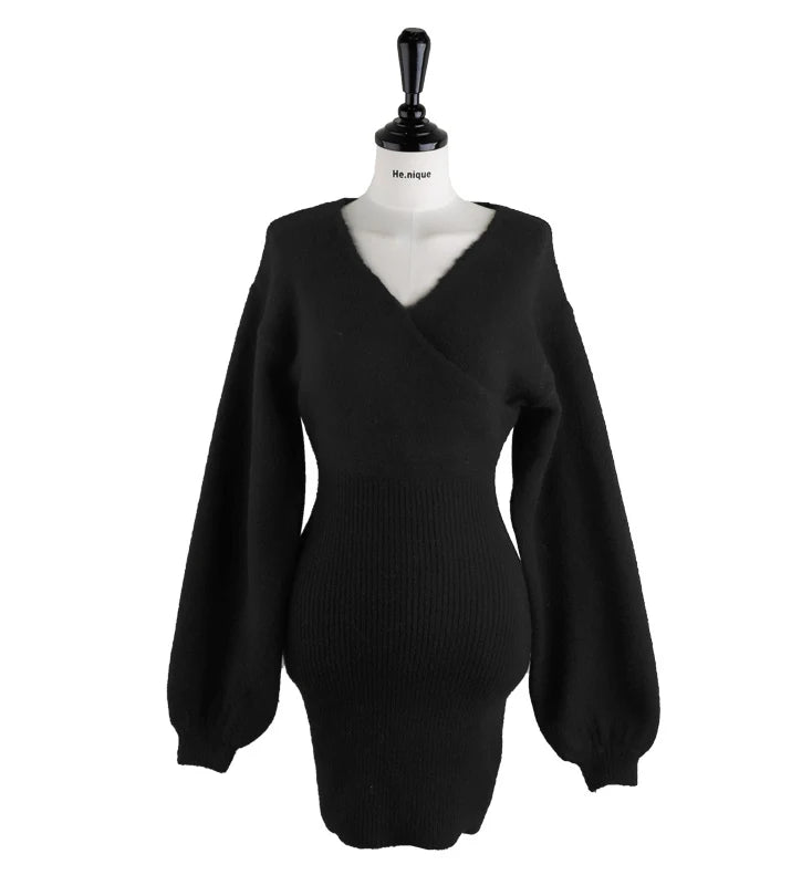 2023 Spring Autumn Sexy Cross V-neck Wrap Hip Dresses Women's Knitted Sweater Dress Fashion Tight Short Dress