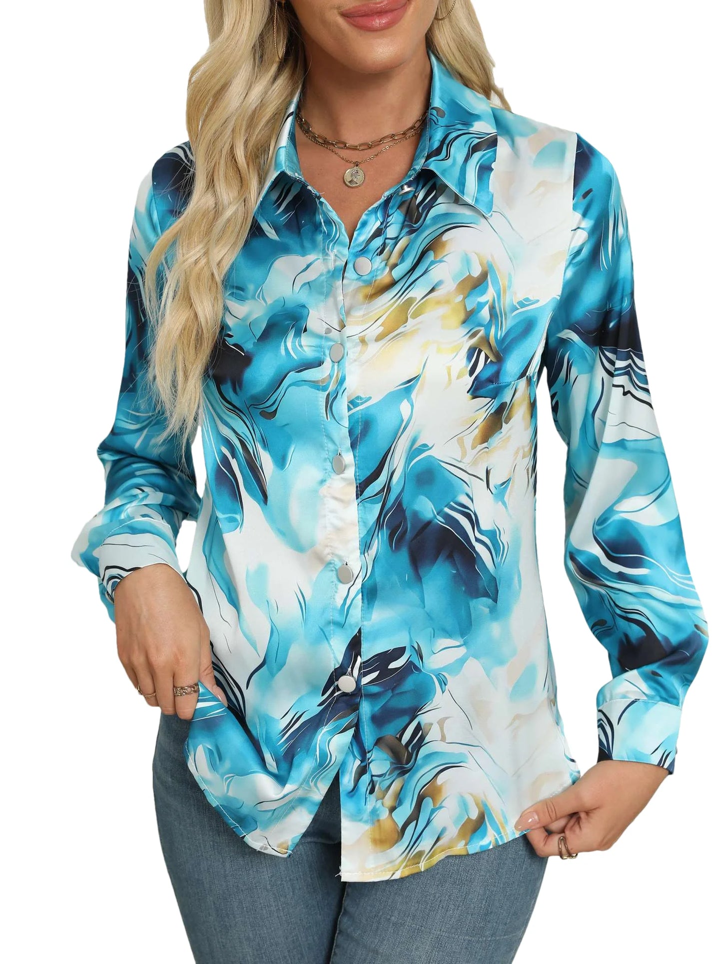 Women's Elegant Marble Print Long Sleeve Work Shirt Spring & Summer Long Sleeve Tops