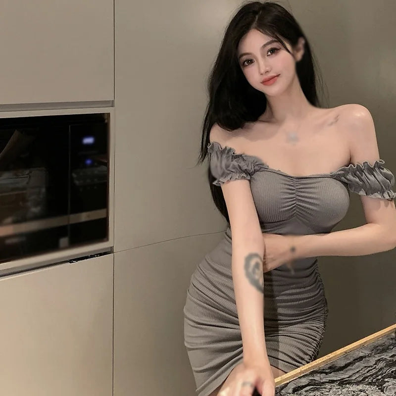 Women Dress Korean Summer Solid Color Slash Neck Drawstring Slim Sexy Short Sleeve Dresses