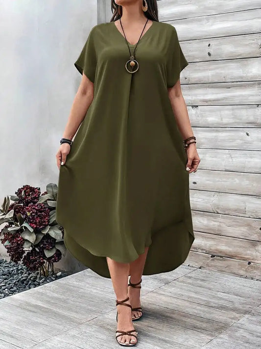 2024 Spring and Summer Cross border European and American New Large Women's Fashion Casual V-neck Dress for Women Plus Size