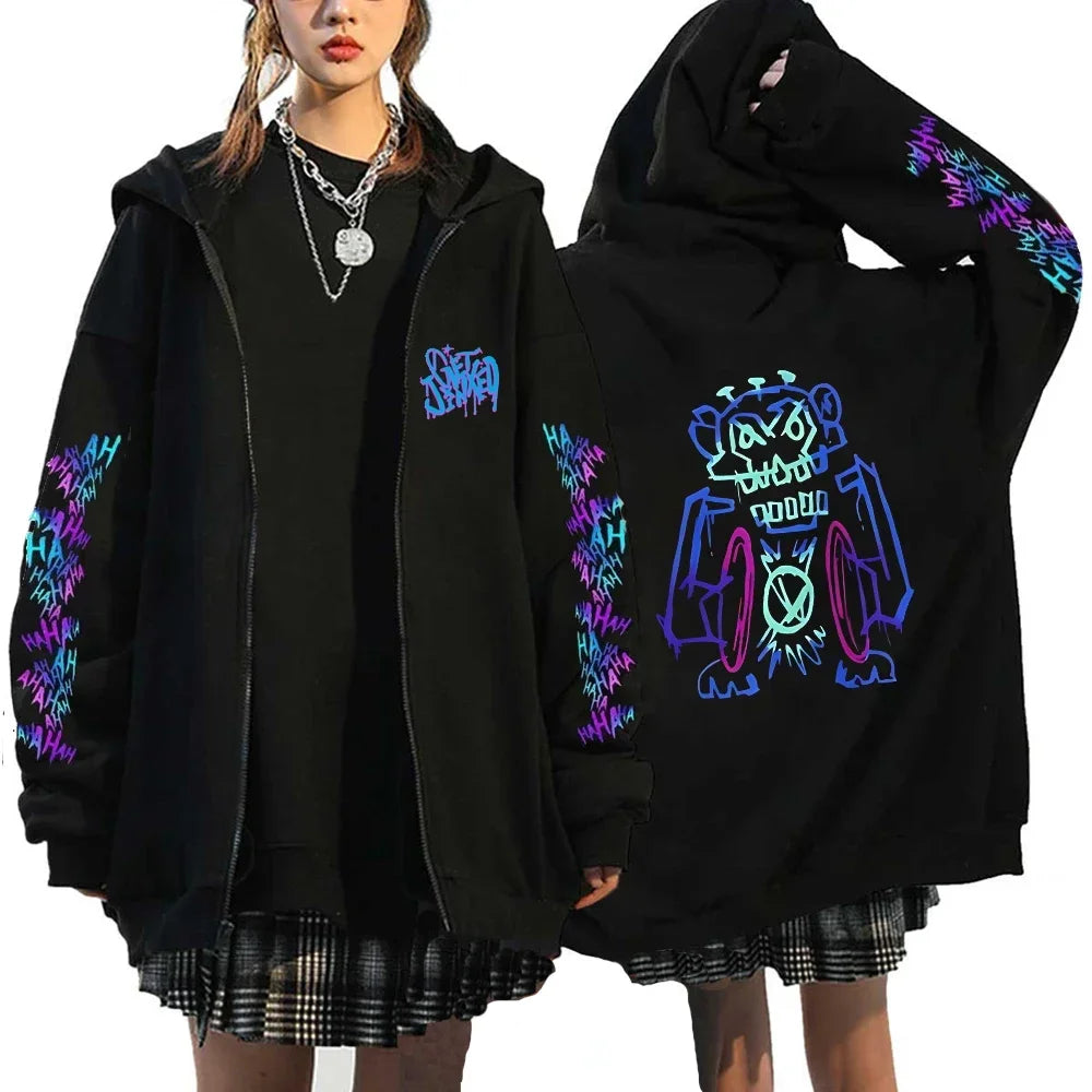 Arcane-Jinx Zipper Hoodie Monkey Graffiti Zip Up Jacket Men Women Game Lover Popular Sweatshirts HipHop Streetwear Pullover Gift