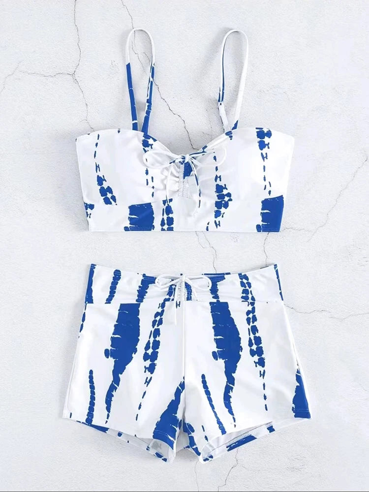 2025 Tie Dye Bikini Drawstring Swimsuit Women High Waist Shorts Swimwear Female Padded Bathing Suit Swimming Beachwear Summer