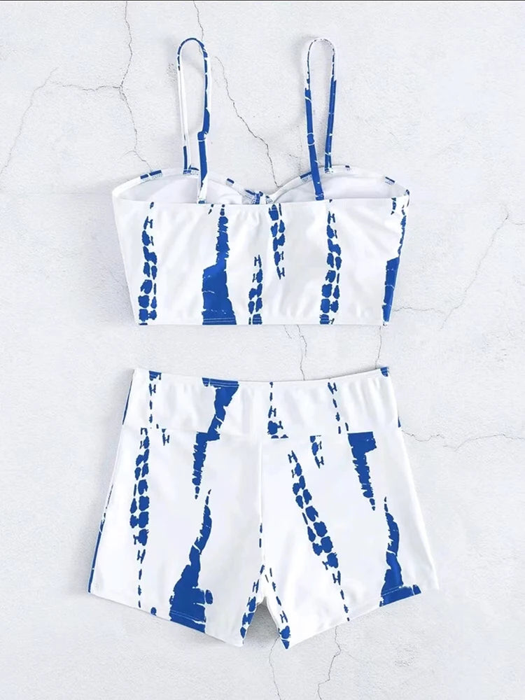 2025 Tie Dye Bikini Drawstring Swimsuit Women High Waist Shorts Swimwear Female Padded Bathing Suit Swimming Beachwear Summer