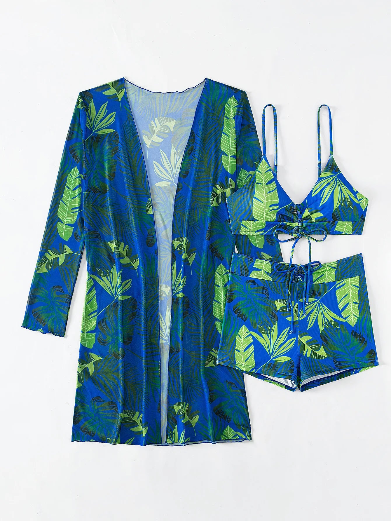 2025 New Women 3 Pieces Swimsuit Leaf Pattern Bikini Set+Long Sleeve Cover Up Tankini Beachwear Drawstring Swimwear Bathing Suit