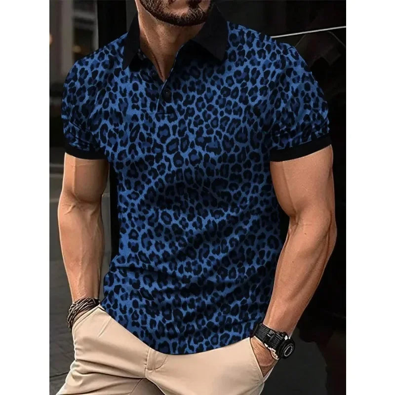 3 Colors!Men's Leopard Print Breathable Short-sleeved Shirt Fashion Lapel T-shirt Thin Casual Top Shirts for Men