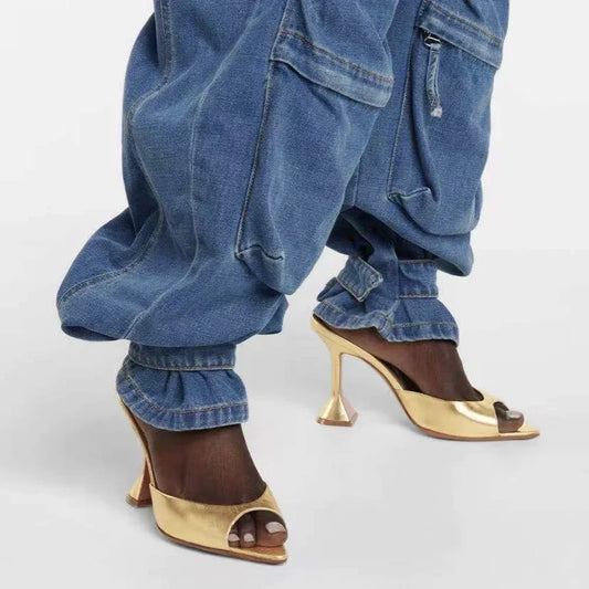 2024 New Pointed Fish Mouth Sandals, Fashionable Women's Shoes, Wine Glasses and Gold Slippers