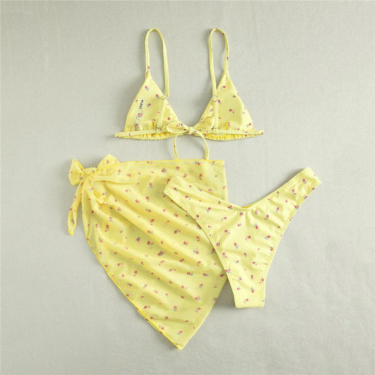 Yellow Floral Print Swimwear Mesh Cove Ups 3 Piece Bikini Set Damen Sexy Swimsuit Women 2025 Beach Wear Bikinis Swimming Wear
