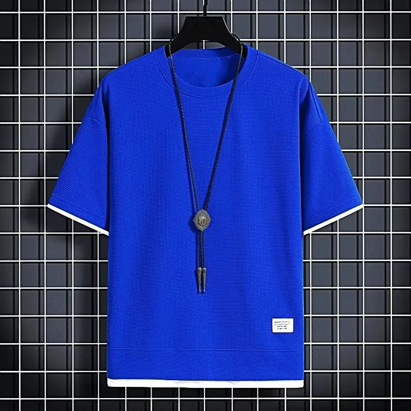 1pcs Men Summer T-Shirt Man Short Sleeved Waffle Solid T-Shirt Male Solid Color Casual Tee Round Men's Round Neck Fashion Top