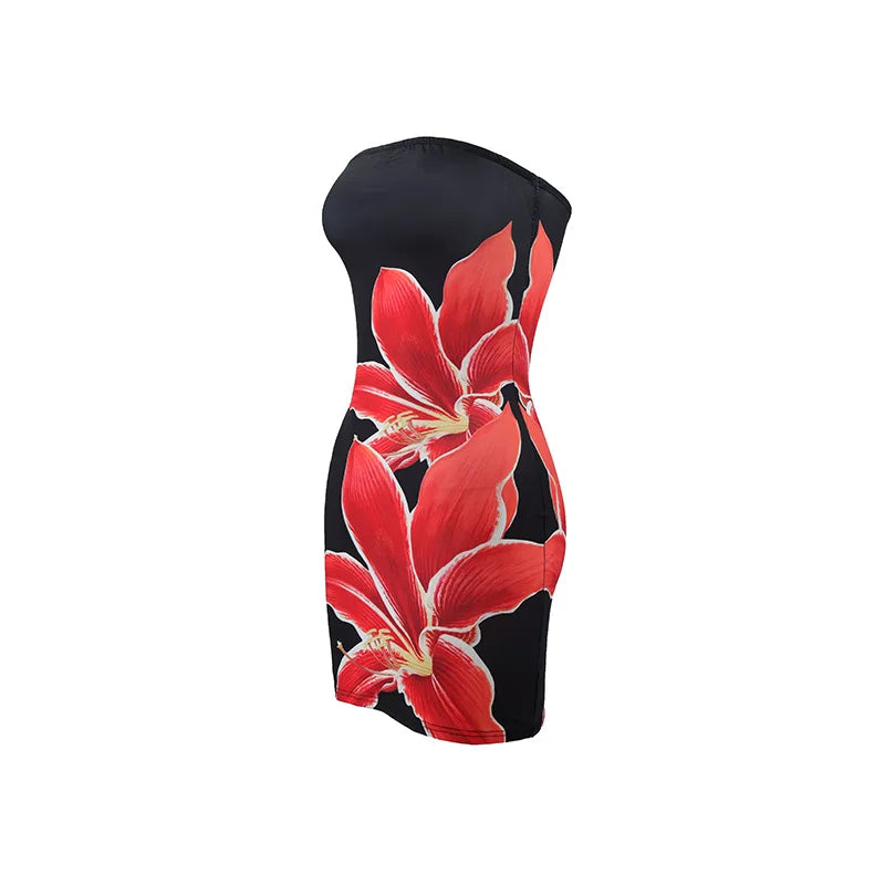 2025 Summer Sexy Women's Breast Top Flower Print Slim-fit Cover Buttock Short Dress Collarless Cover Buttock Skirt