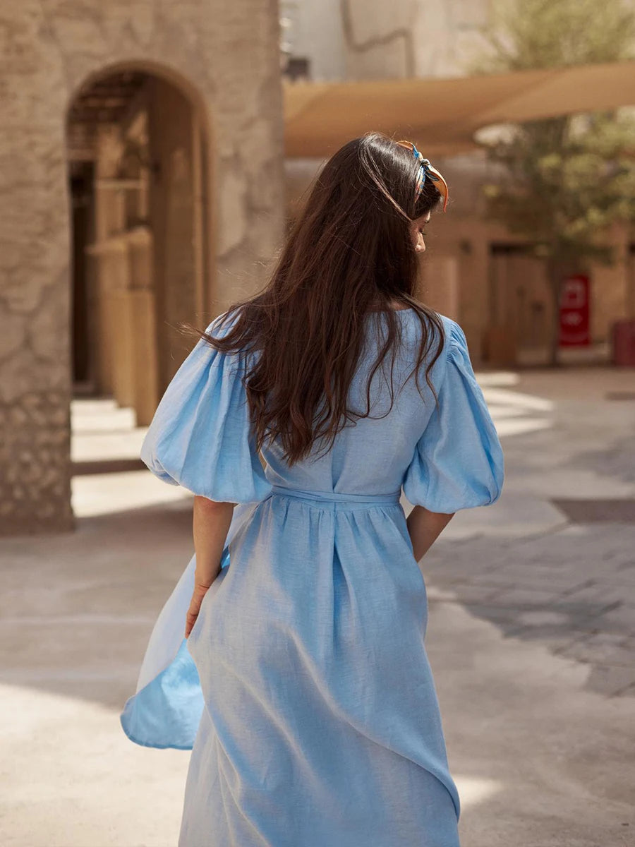 Bornladies 100% Cotton V-neck Waist Cinched Dress Unique Lantern Sleeve Sexy Slit Long Skirt Fashionable Women's Casual Dresses