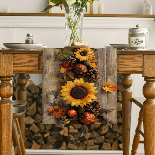 1 Piece of Autumn Pastoral Style Table Runner, Imitation Wood Base with Sunflower, Pine Cone and Autumn Leaf Pattern, Suitable for Harvest Festival Parties, Pastoral B&Bs, Autumn Weddings, Handicraft Markets, Cafe Decorations