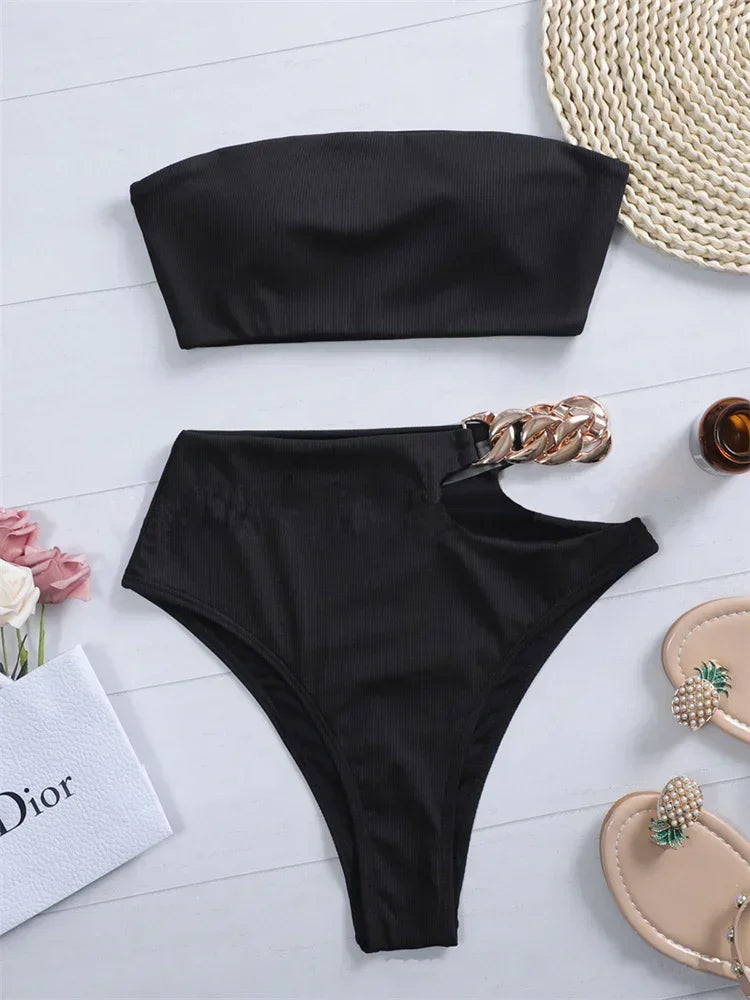 Bandeau Bikini 2024 Women Sexy White Black Cut Out Metal High Waist Swimsuit Female Off Shoulder Bathing Suit Swimwear Beachwear