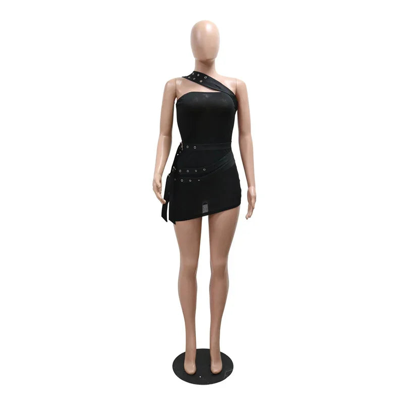 Summer Women Sleeveless Perspective Bodycon Sexy Night Club Mini Dress Inclined Collar Sashes Irregular Party Dress Black White