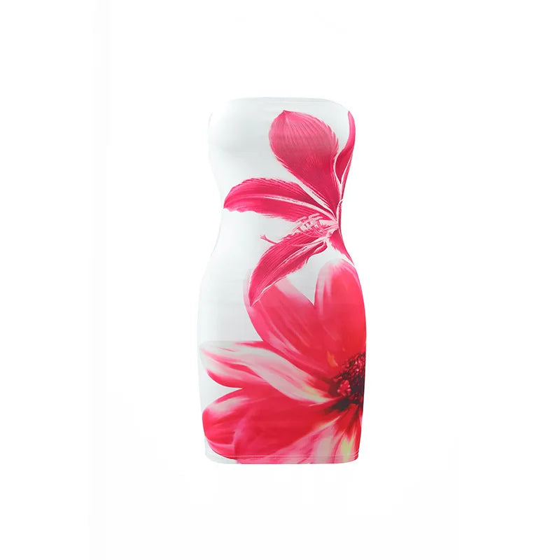2025 Summer Sexy Women's Breast Top Flower Print Slim-fit Cover Buttock Short Dress Collarless Cover Buttock Skirt