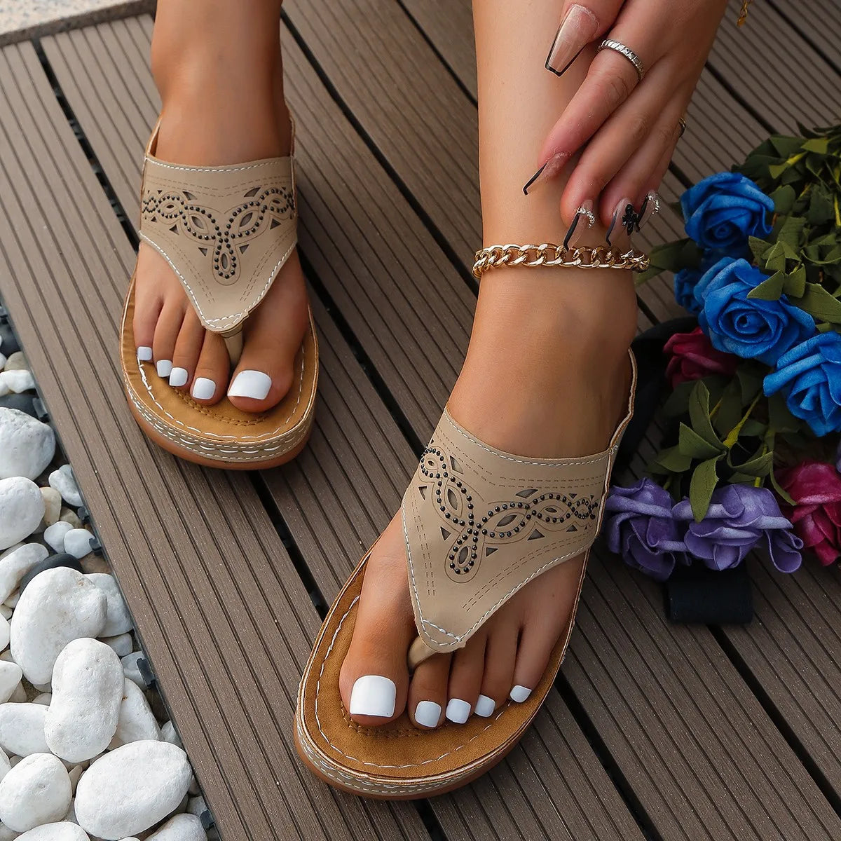 Women Platform Sandals Beach Casual Wedges Flip Flops Premium Orthopedic Open Toe Big Toe Anti-slip Outdoor PU Leather Shoes