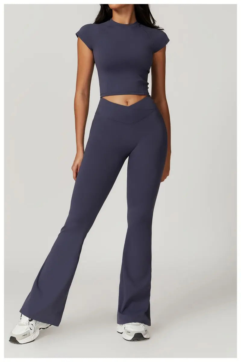 Two Piece Short Sleeve Sport Yoga Set Outfit Fitness Gym Set Workout Clothes for Women Flare Leggings Sportwear Women Tracksuit