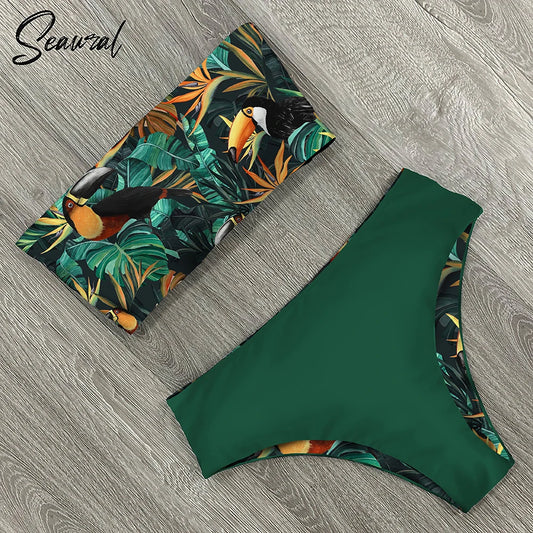 2024 New Sexy Low Hight Bikini Set Swimwear Women Bandeau Female Print Floral Strappy Swimsuit Bathing Suit Beach Wear Biquini