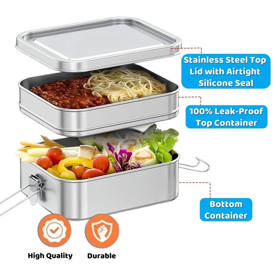 2 Layer Stackable Bento Lunch Box for Kids & Adults, 1400ml Stainless Steel Food Storage Container for School, Work & Travel