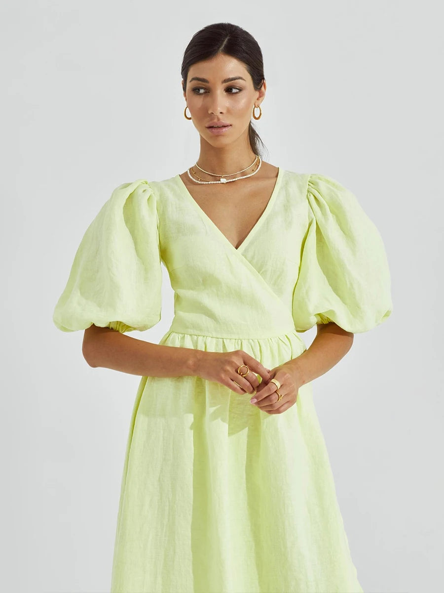 Bornladies 100% Cotton V-neck Waist Cinched Dress Unique Lantern Sleeve Sexy Slit Long Skirt Fashionable Women's Casual Dresses