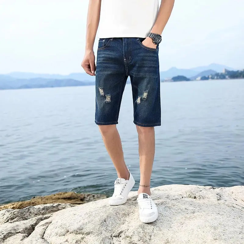 29-40 New Summer Men's Personalized Washable Perforated Denim Pants Large Casual Middle Pants