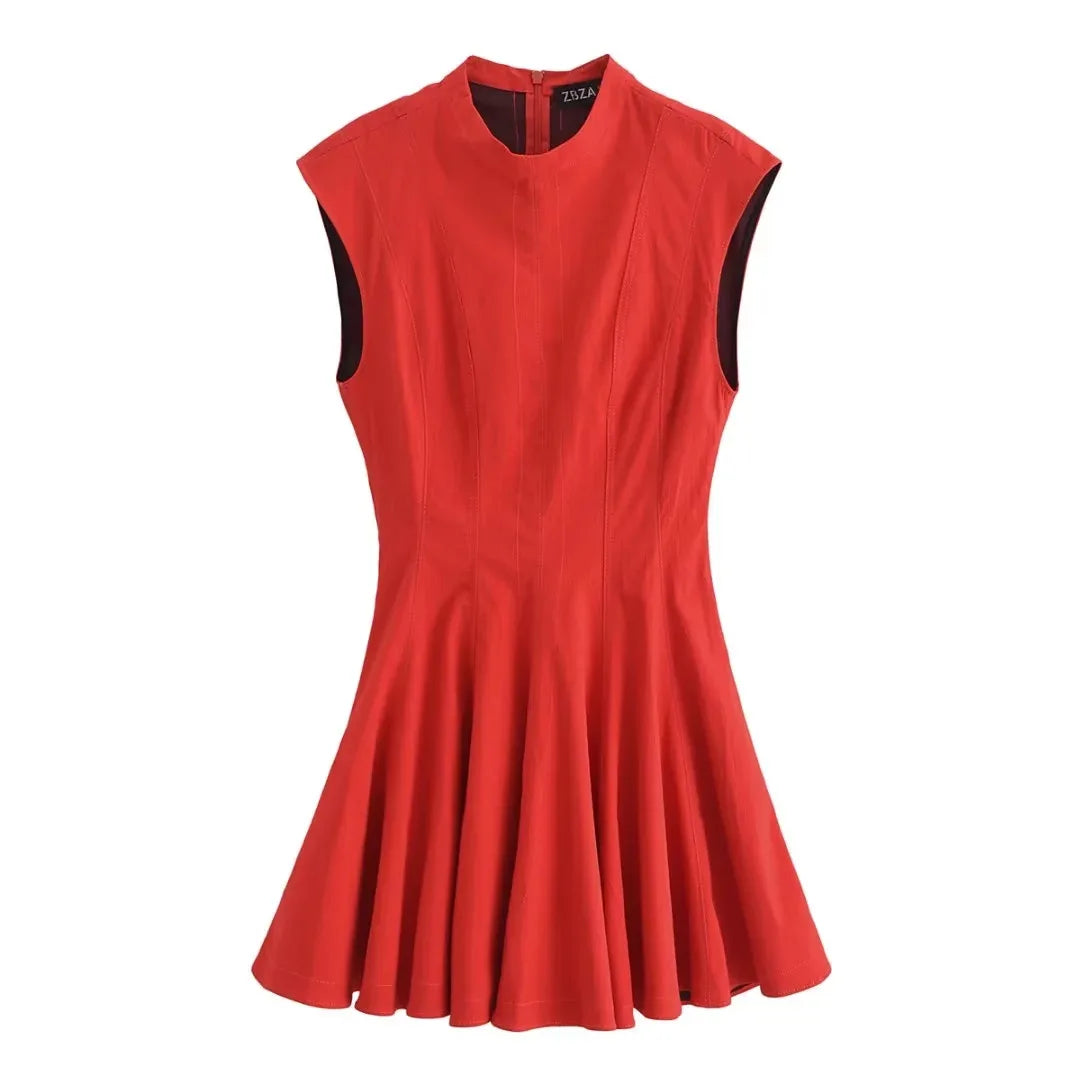 2025 Women Fashion Ruched Short Dress Sleeveless Stand Collar Fold Back Zip Mini Dress Chic Female Evening Party Dresses