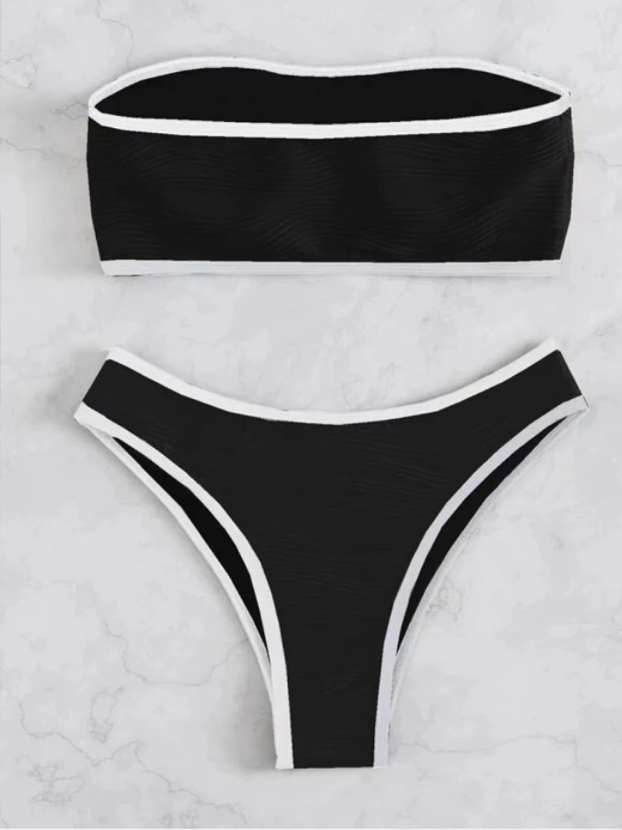 2023 Women Sexy Thong Swimsuit Push Up Swimwear Contrast Binding Bandeau Bikinis Female Bathing Suit Swimming Summer Beachwear