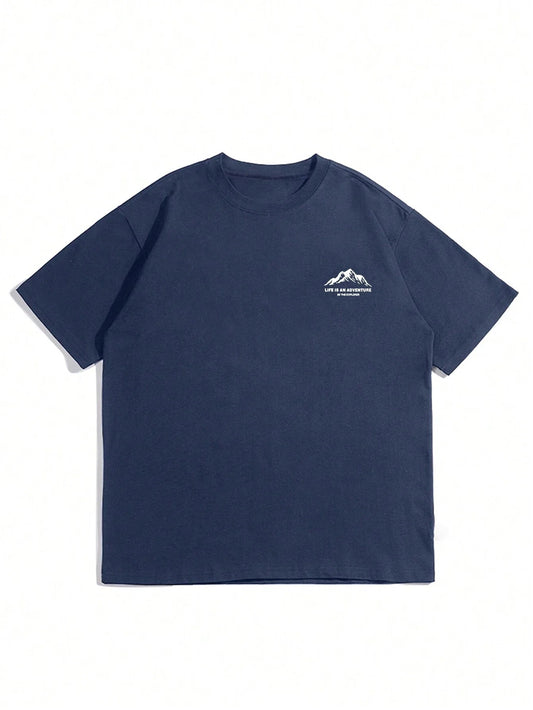 Summer men's 100% pure cotton casual loose plus size Letter And Mountain pattern printed round neck short sleeved T-shirt top