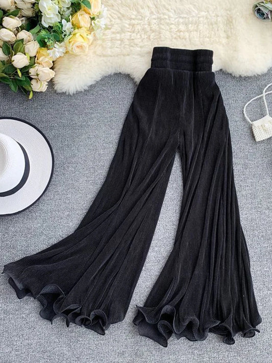 ZOKI Women Flare Pants Loose Gauze Elastic High Waist Ruffle Chiffon Ladies Trousers Fashion Black White Summer Female Pants New