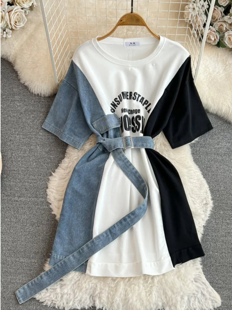 XFPV 2025 Summer Fashion Short Sleeve Round Neck High Waistband Slim A-line Denim Printed Patchwork Dress For Women SM11498