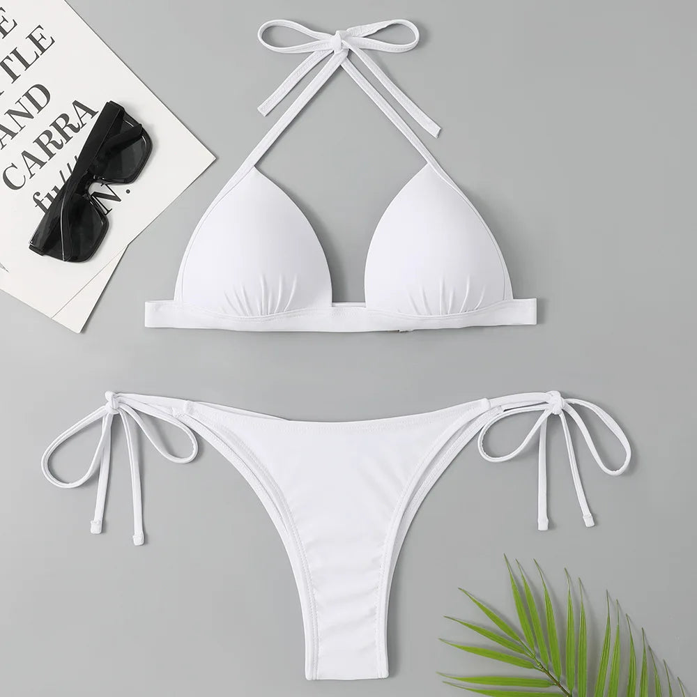 2025 Halter Bra Cup Bikini Sexy Swimsuit Female White Swimwear Women Push up Bikini set Brazilian Bathing Suit Bandeau Swim suit