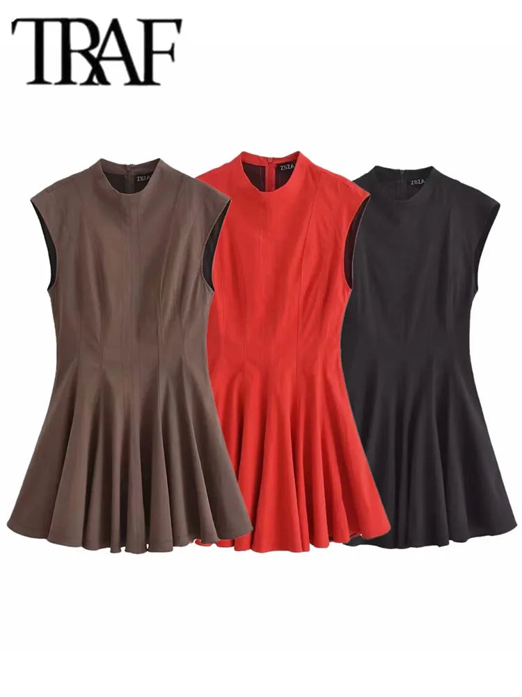 2025 Women Fashion Ruched Short Dress Sleeveless Stand Collar Fold Back Zip Mini Dress Chic Female Evening Party Dresses