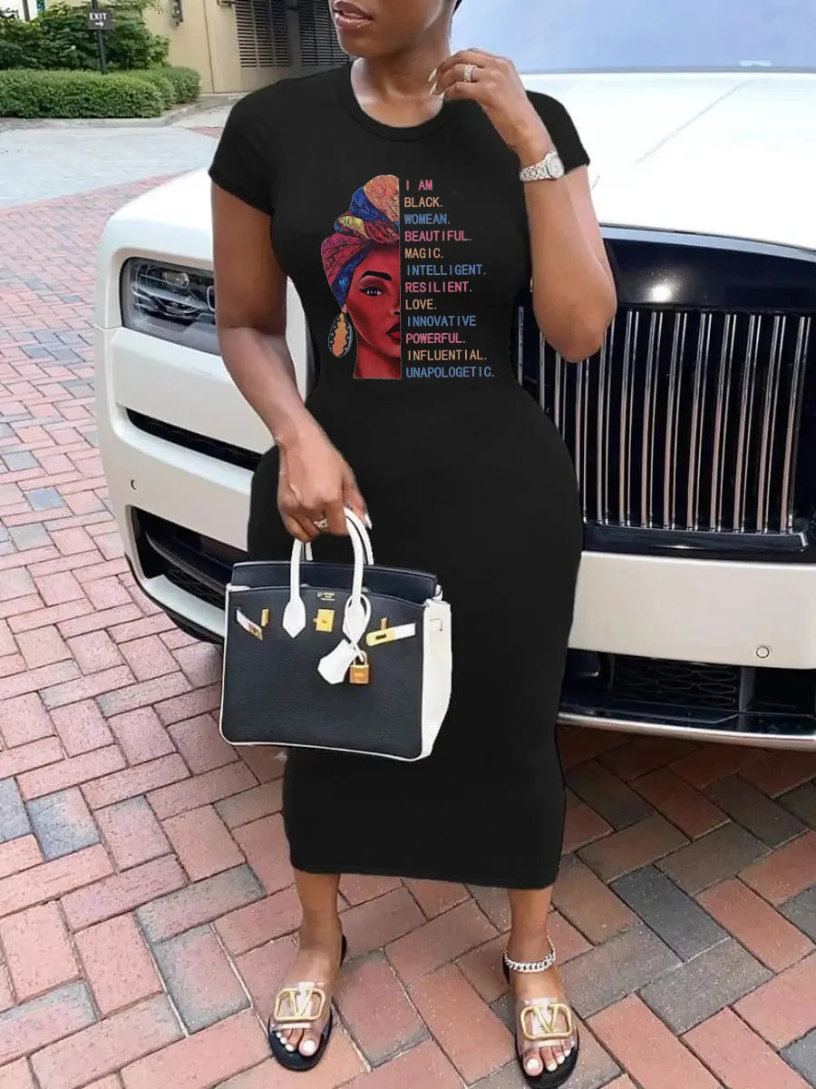 Summer women's casual fashion pattern print sexy slim fit round neck short sleeved dress street wear party clothing
