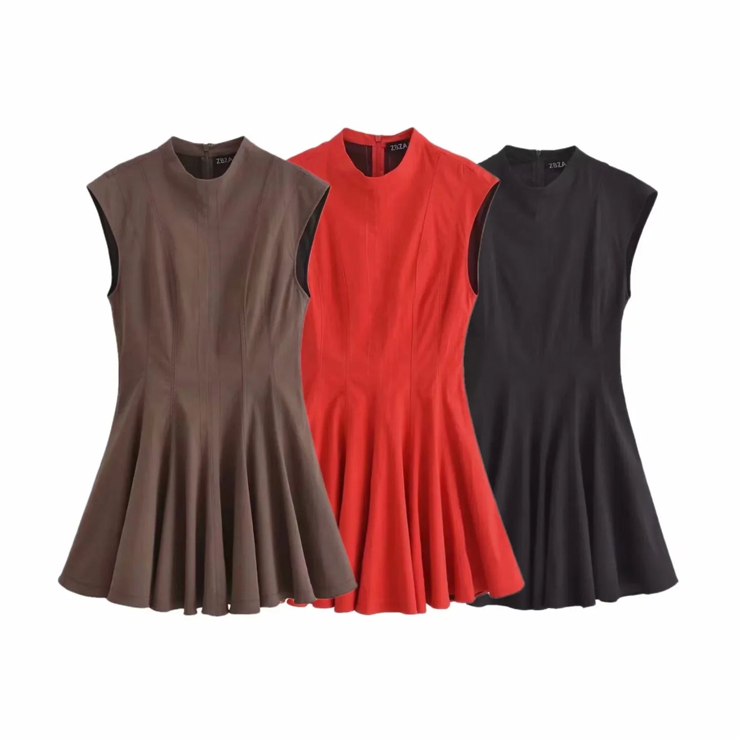 2025 Women Fashion Ruched Short Dress Sleeveless Stand Collar Fold Back Zip Mini Dress Chic Female Evening Party Dresses