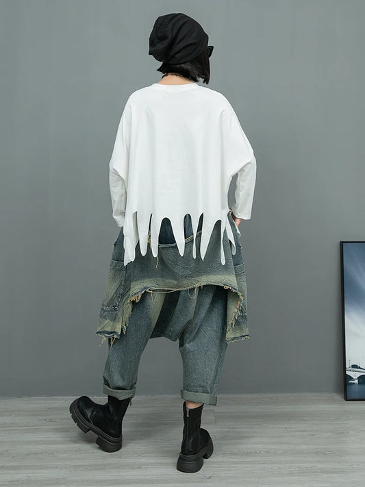 (No Belt)Women Streetwear Pants Set Plus Size White Tassels Tees +2 In 1 Cross Pants Novelty High Street Matching Wear Suit