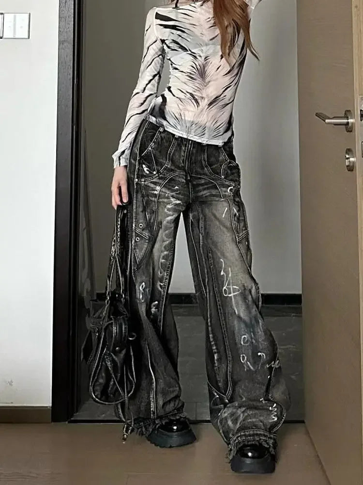 American Style Vintage Wide Leg Jeans For Men And Women Heavy Duty Ribbon Embellishment Hip Hop Sensibility Casual Pants