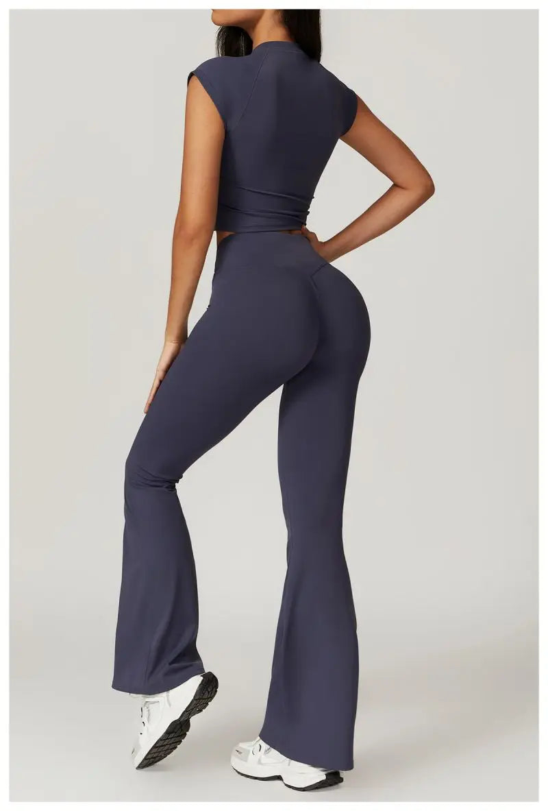 Two Piece Short Sleeve Sport Yoga Set Outfit Fitness Gym Set Workout Clothes for Women Flare Leggings Sportwear Women Tracksuit