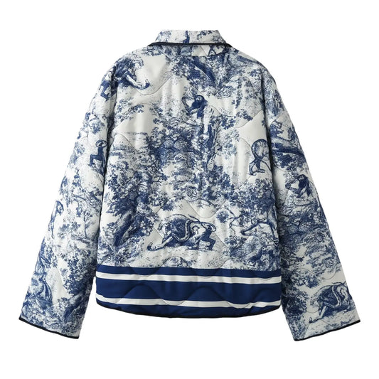 2024 Autumn And Winter New Women's Clothing European And American Ins Style Loose Collared Contrasting Printed Cotton Jacket