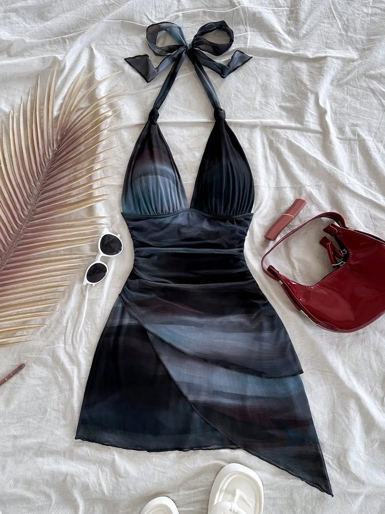 2025 Europe and the United States Fashion Gauze Printed Neck Sleeveless Sexy Tight Deep V Short Sexy Pure Backless Dress