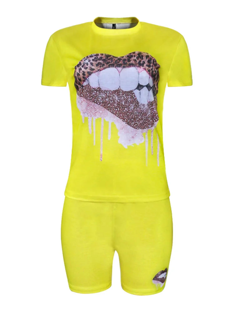 Wmstar Plus Size Two Piece Outfits for Women Tracksuit Shorts Sets Lip Print Top Casual New In Matching Wholesale Dropshipping